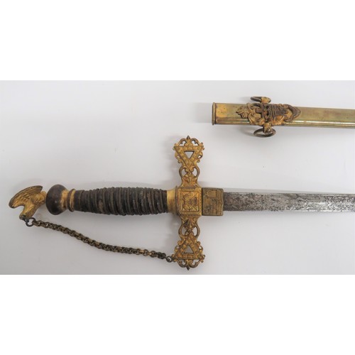 459 - 19th Century Knights Golden Eagle Society Sword 30 1/4 inch, double edged, narrow blade. Etched flor... 