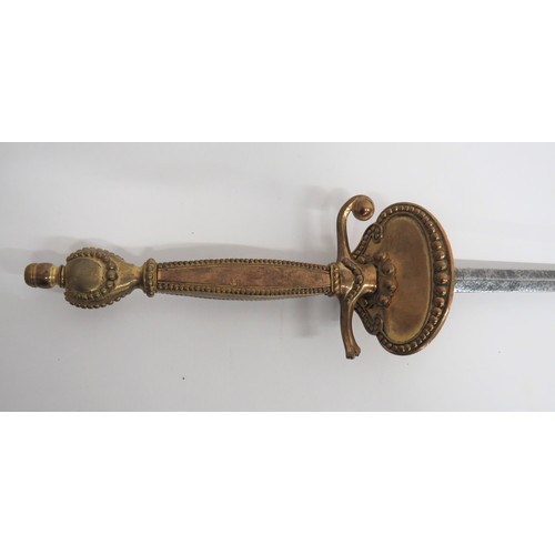 461 - 19th Century Court Sword 31 inch, double edged, narrow blade. Brass, turned down shell guard with ba... 