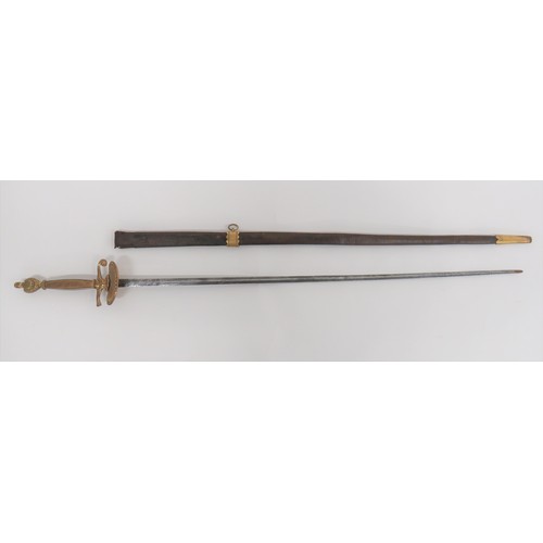 461 - 19th Century Court Sword 31 inch, double edged, narrow blade. Brass, turned down shell guard with ba... 