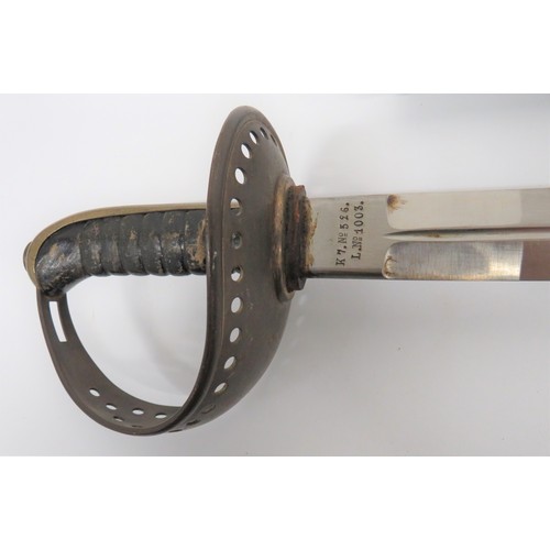 464 - Swedish M1893 Cavalry Sword 37 1/2 inch, double edged blade with central fuller. The forte marked E ... 