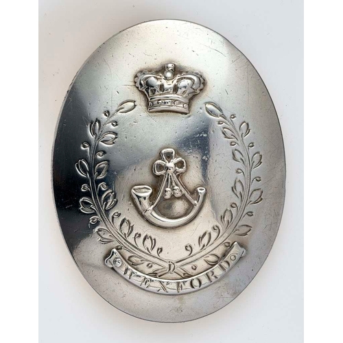 95 - Irish. Wexford George III shoulder belt plate circa 1795. Fine rare silver oval plate incised with l... 