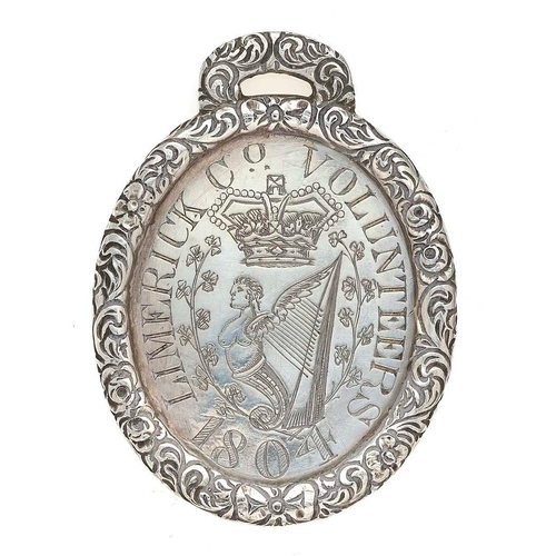 97 - Irish. Limerick County Volunteers George III 1804 silver Reward of Merit. Good rare oval unmarked si... 