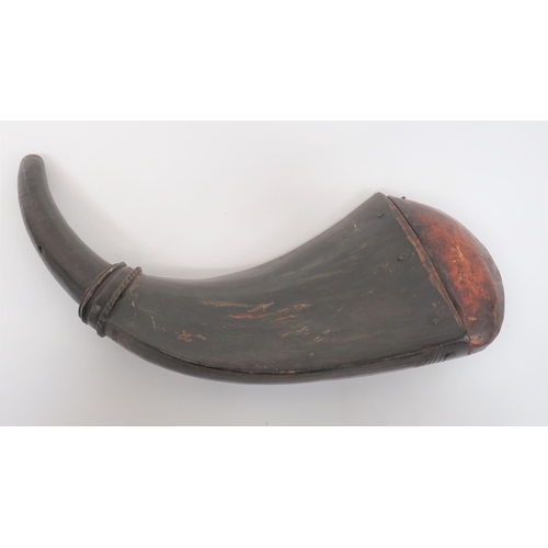 223 - Large Buffalo Horn Flask
black polished, curved horn flask with rib carved mount and line inscribed ... 