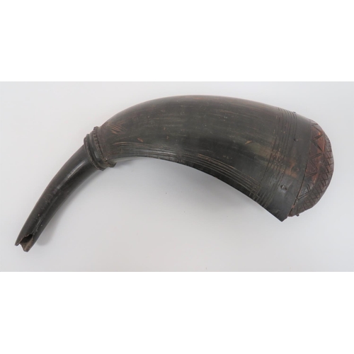 223 - Large Buffalo Horn Flask
black polished, curved horn flask with rib carved mount and line inscribed ... 