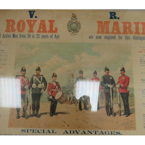 217 - Victorian Royal Marines Recruiting Poster
coloured, central picture with various Royal Marines home ... 