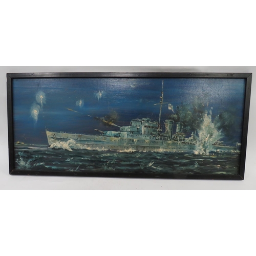 206 - Modern Oil On Board of HMS Exeter
39 x 16 inch, oil on board showing HMS Exeter in battle with Germa... 