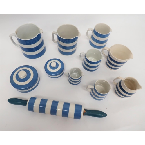 329 - Selection of Blue and White Cornish Ware China
including rolling pin with wooden handles ... 8 x jug... 