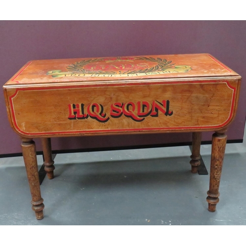 436 - Vintage Drop Leaf Table With New Painted Military Decoration
36 inch, mahogany table with side top l... 