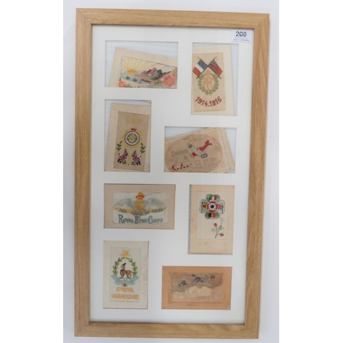 208 - WW1 Regimental Silk Embroidered Postcards.Eight examples of the embroidered postcards sent to loved ... 