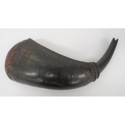 223 - Large Buffalo Horn Flask
black polished, curved horn flask with rib carved mount and line inscribed ... 