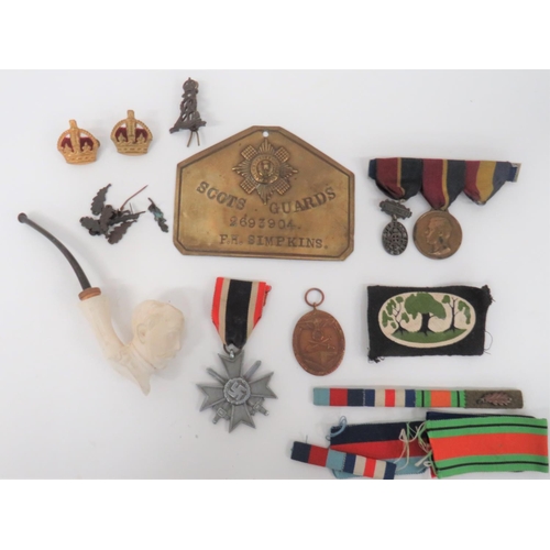 261 - Scots Guards Brass Duty Plate Plus Other Items.The brass duty plate is stamped 2693904 F.H. Simkins.... 