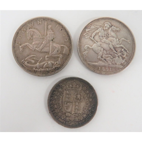 273 - British Victorian Coin 1891 & George V 1935 Crown.
Accompanied by a Victorian half crown 1887. (... 