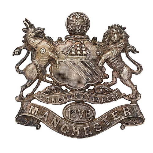 155 - 1st VB Manchester Regiment cap badge circa 1896-1908. Good die-stamped silvered Arms of Manchester r... 