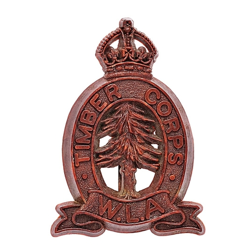 206 - Timber Corps, Women's Land Army WW2 plastic cap badge. Good scarce reddy brown crowned title oval re... 