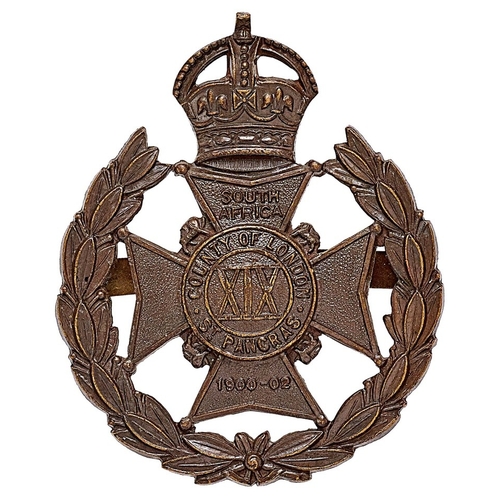 210 - 19th London (St. Pancras) OSD cap badge circa 1908-35.  Good scarce die-cast bronze crowned Maltese ... 