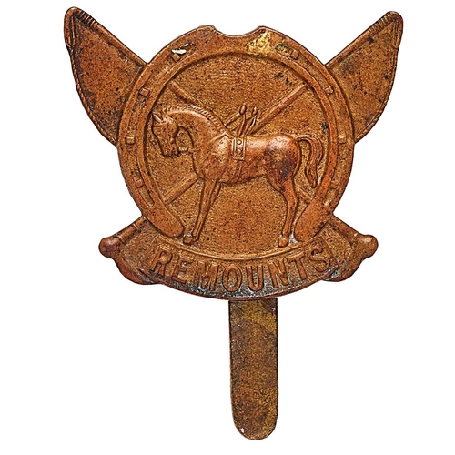 218 - Army Remount Service WW1 1st pattern cap badge.  Good scarce die-cast horse in horeshoe on  REMOUNTS... 