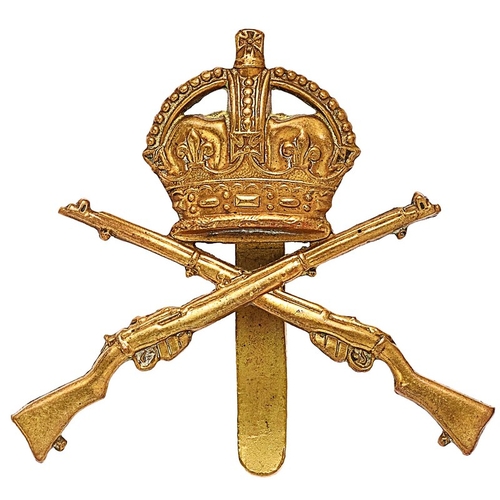 220 - School of Musketry brass cap badge circa 1901-19.  Die-stamped crowned crossed rifles.   . Slider . ... 