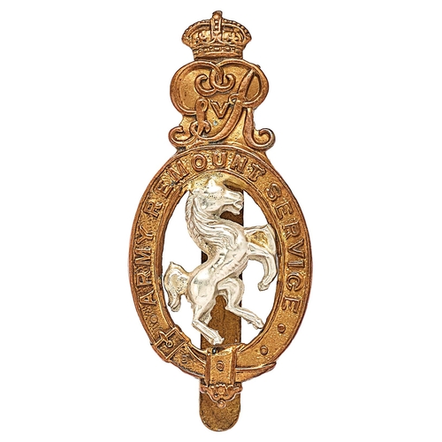 232 - Army Remount Service WW1 3rd pattern cap badge.  Good scarce die-cast brass title oval surmounted by... 