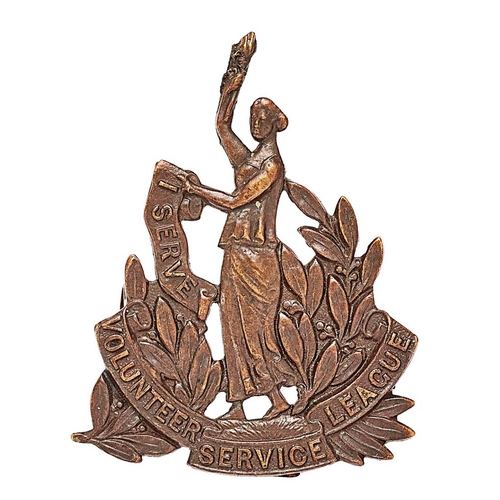 245 - Volunteer Service League WW1 lady's cap badge. Good scarce die-stamped bronze lady, one arm aloft, t... 