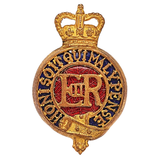 296 - Household Cavalry EIIR post 1953 Officer cap badge.  Good die-cast gilt crowned pierced Garter on bl... 