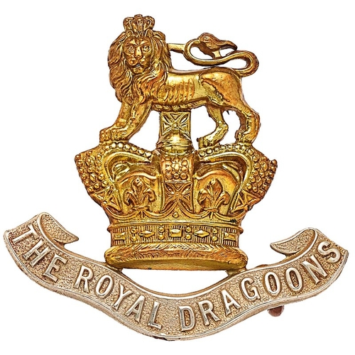 308 - Royal Dragoons Victorian cap badge circa 1896-1901.  Good die-stamped brass Royal crest on white met... 