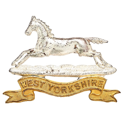 320 - PWO West Yorkshire Regiment Officer cap badge.  Fine die-cast silvered running horse on rich gilt WE... 