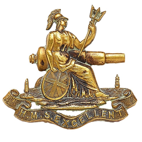 337 - Royal Navy HMS Excellent Victorian cap badge.  Good scarce die-stamped brass Britannia with trident ... 