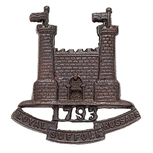 338 - Loyal Suffolk Hussars OSD cap badge.  Fine scarce cast bronze two tower castle over 1793 on title sc... 