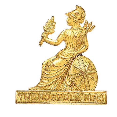 339 - Norfolk Regiment Officer gilt cap badge circa 1900-35.  Good die-cast gilt figure of seated Britanni... 