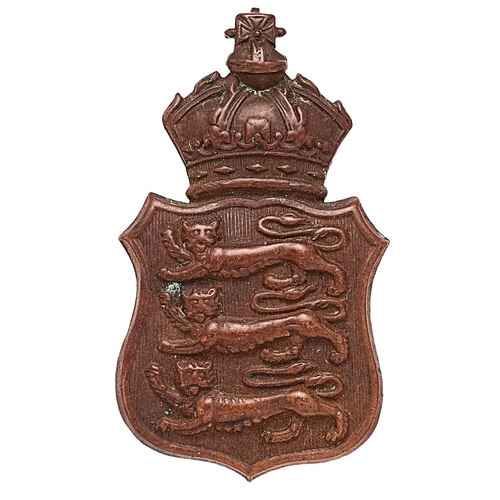 362 - Victoria College OTC, Jersey Channel Islands cap badge. Good die-stamped bronzed crowned shield char... 