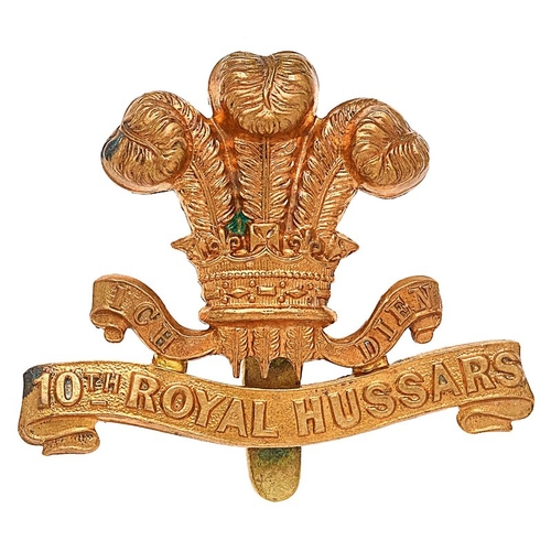 384 - 10th Royal Hussars 1916 brass economy cap badge.  Good scarce die-stamped Prince of Wales plumes, co... 