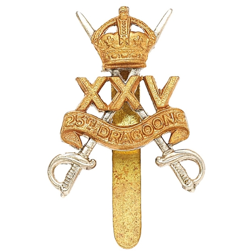 386 - 25th Dragoons WW2 cap badge.  Good die-cast white metal crossed swords bearing overlay of brass crow... 