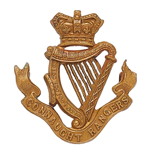 394 - Irish. Connaught Rangers Victorian cap badge circa 1896-1901.  Good die-stamped brass crowned harp o... 