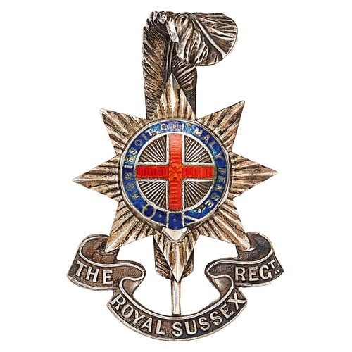 402 - Royal Sussex Regiment Officer silver cap badge.  Fine die-cast silver red and blue enamelled Garter ... 