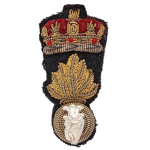 403 - Royal Irish Fusiliers Officer bullion forage cap badge. Good flaming grenade surmounted by coronet w... 