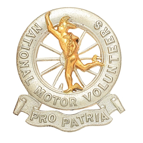 461 - National Motor Volunteers WW1 VTC cap badge.  Fine scarce die-stamped brass Mercury mounted on white... 