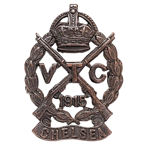 466 - Chelsea 1915 Volunteer Training Corps WW1 VTC cap badge.  Good scarce die stamped bronze crossed rif... 