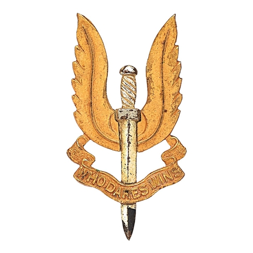 481 - Special Air Service Officer SAS cap badge. Die-cast silvered dagger, the wings and WHO DARES WINS sc... 