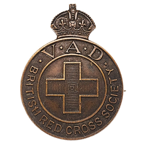 495 - VAD British Red Cross Society pre-war badge.  Good scarce die-cast bronze crowned title circlet; Gen... 