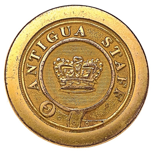 532 - West Indies. Antigua Staff George III Officer gilt flat back coatee button.  Title strap with crown ... 