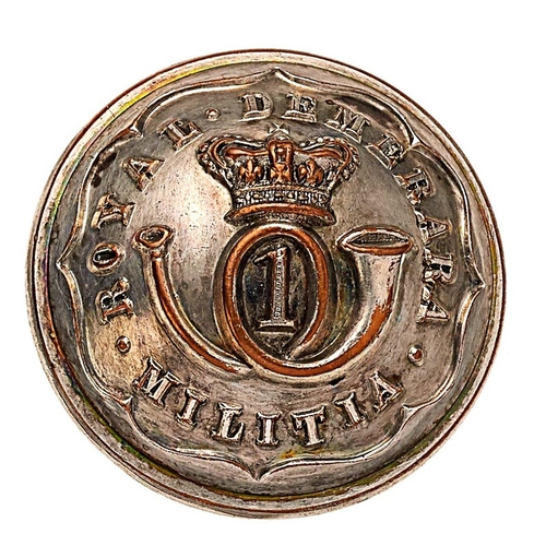 541 - West Indies. Royal Demerara Militia Victorian Officer silver plated closed-back coatee button Crowne... 