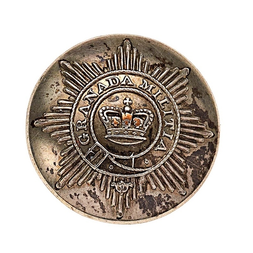 542 - West Indies. Granada Militia Officer silvered closed-back coatee button.  Star bearing title strap; ... 