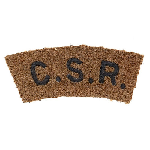 561 - Civil Service Rifles cloth C.S.R. shoulder title.  Good khaki example embroidered in black sans-seri... 