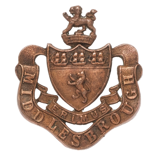 120 - Middlesbrough VTC WW1 bronze cap badge. Good scarce die-cast bronze crest and arms on ERIMUS resting... 