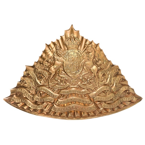 122 - 16th Queens Royal Lancers cap plate circa 1905-14. Good die-stamped brass triangular fluted plate be... 