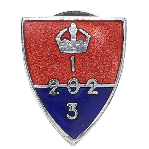 123 - WW2 Home Guard Auxiliary Units Special Forces lapel badge. Good rare red over blue enamelled chrome ... 