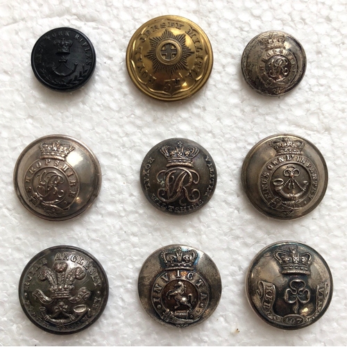 139 - 9 Militia Victorian Officers Tunic buttons.  107th Kerry Militia by Jennens ... East Kent by Firmin ... 