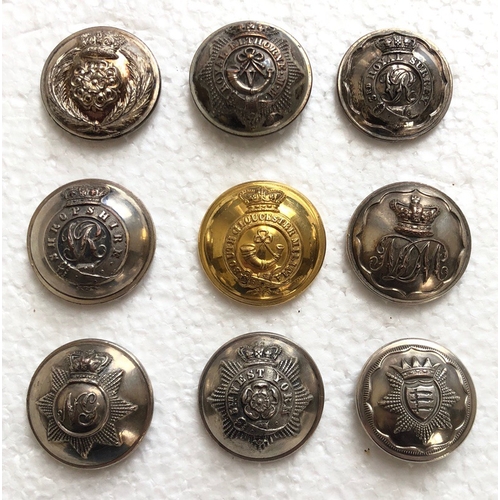 141 - 9 Militia Victorian Officers Tunic buttons.  1st Royal Lancashire by Firmin ... 5th Royal Middlesex ... 