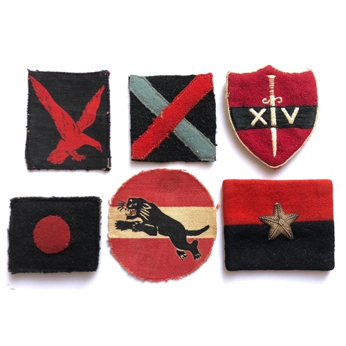 152 - 6 WW2 Indian Army formation signs.  4th Division (printed)... 10th  Division (embroidered) ... 14th ... 