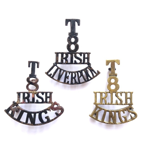 157 - 8th Bn. (Liverpool Irish) Kings Liverpool Regiment Brass Shoulder Titles Badges.  A selection of thr... 